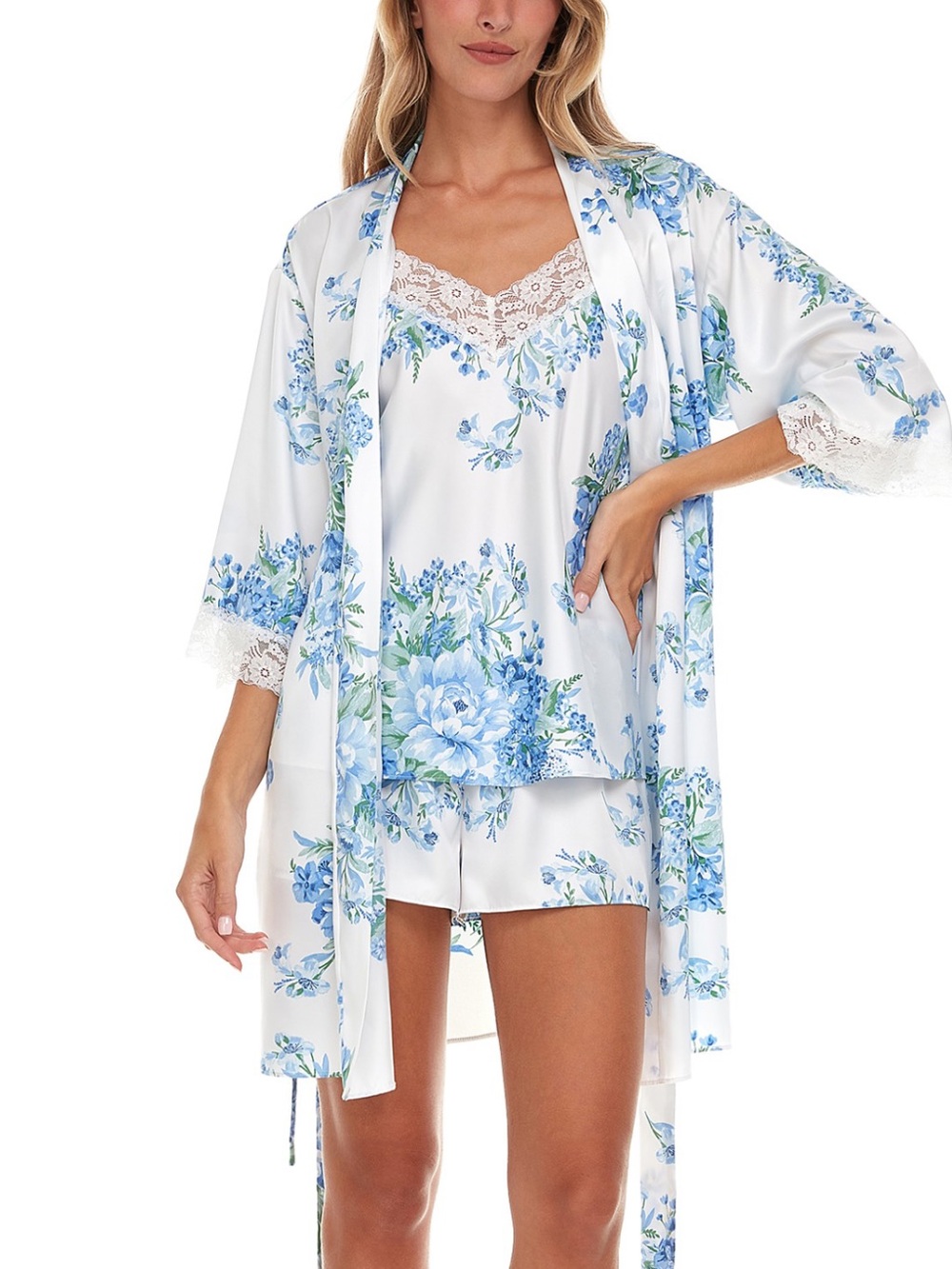 Flora Nikrooz Blue & White Floral Satin Camisole, Shorts & Robe Set